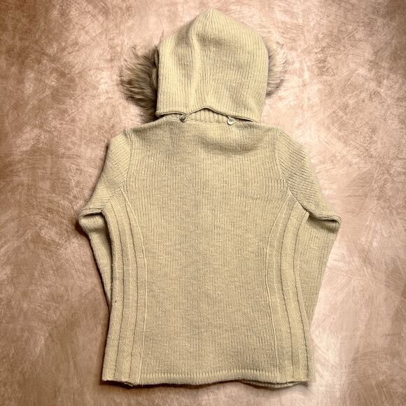 Love Sex Money Faux Fur Hooded Sweater Cream Knit Zip Up Indie Sleaze McBling - Picture 2 of 7